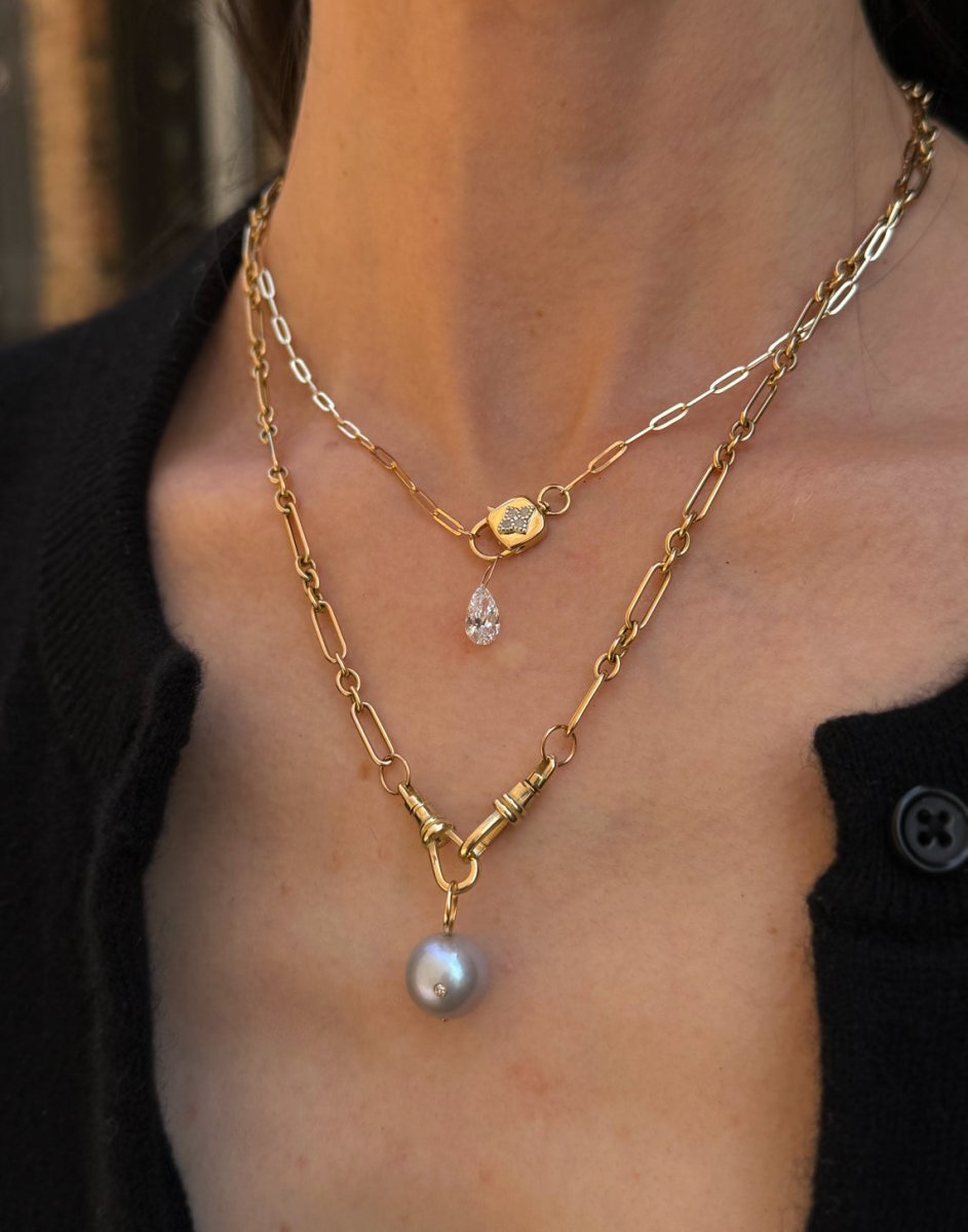 14k Gold Trombone Chain Double Fob Clasp Necklace