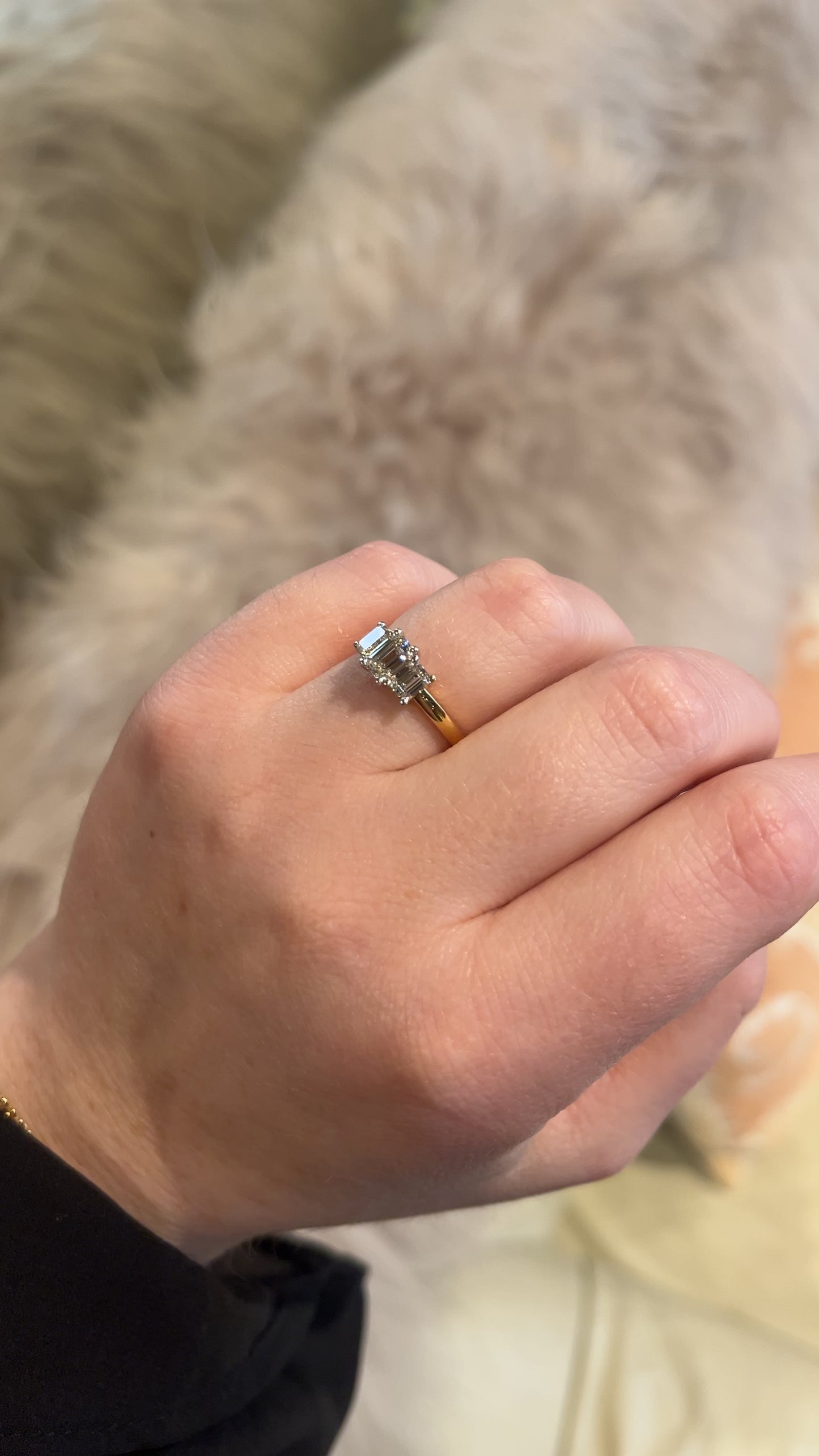 18k Gold Three Stone Emerald Cut Diamond Ring