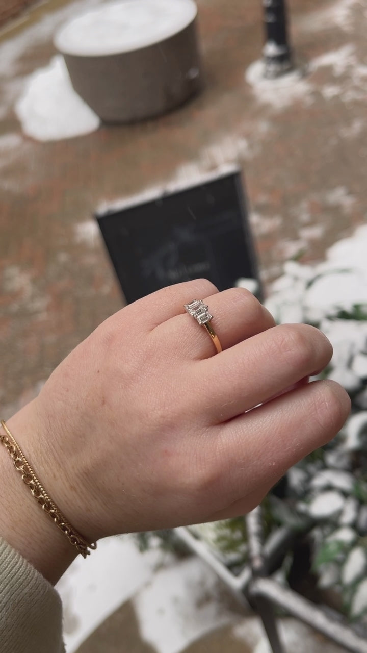 18k Gold Three Stone Emerald Cut Diamond Ring