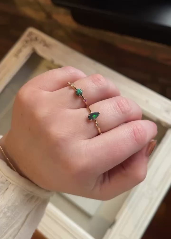 14k Gold Opal + Sapphire + Diamond Dot Dash Ring